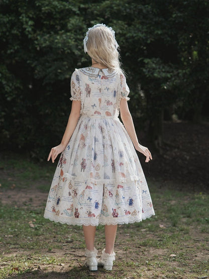 Azure Alice in Wonderland Print Round Neck Sweet Gown with Drawstring Waist - Forest Fairy Tales