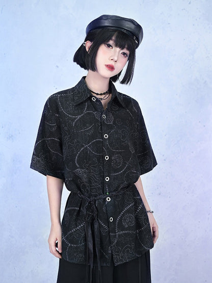 Black Sea Lily Print Loose Short Sleeve Shirt - Quirky Hut