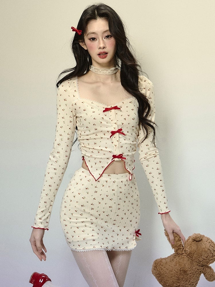 アプリコット花柄ハイウエストミニスカート