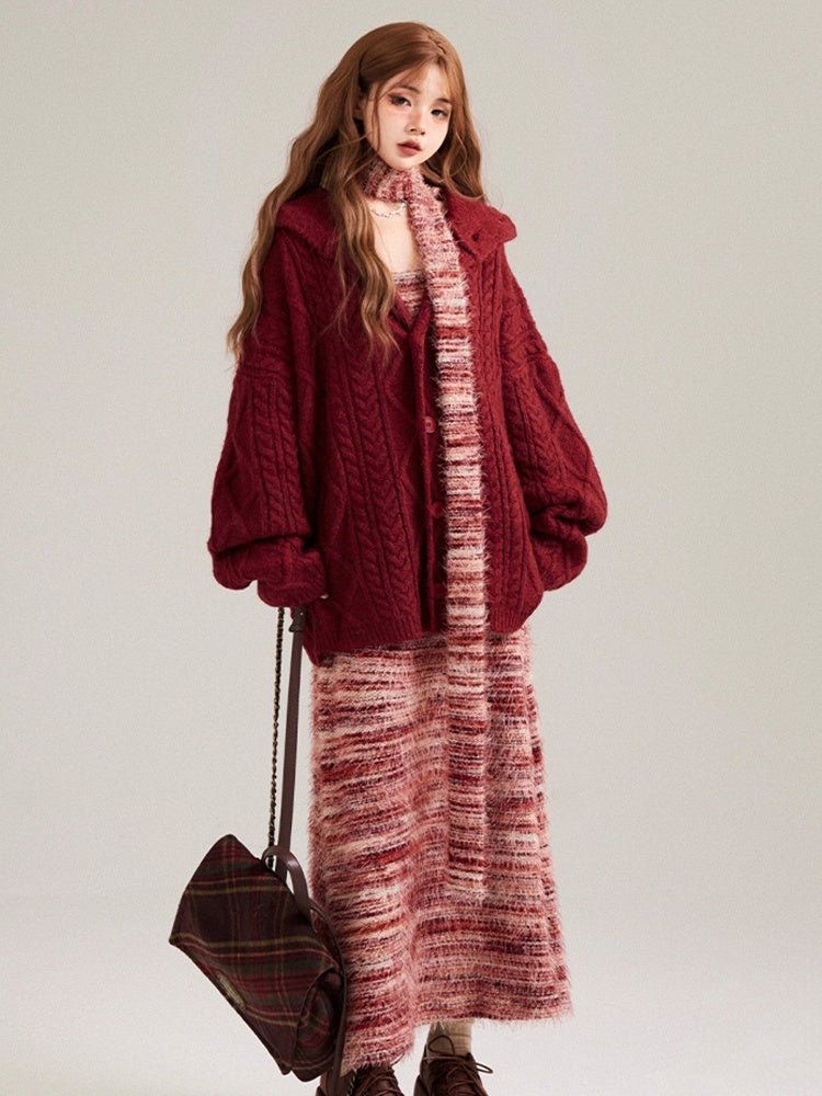 Hem Slip Dress Fringe Pink Striped Red Matching with Scarf Knit