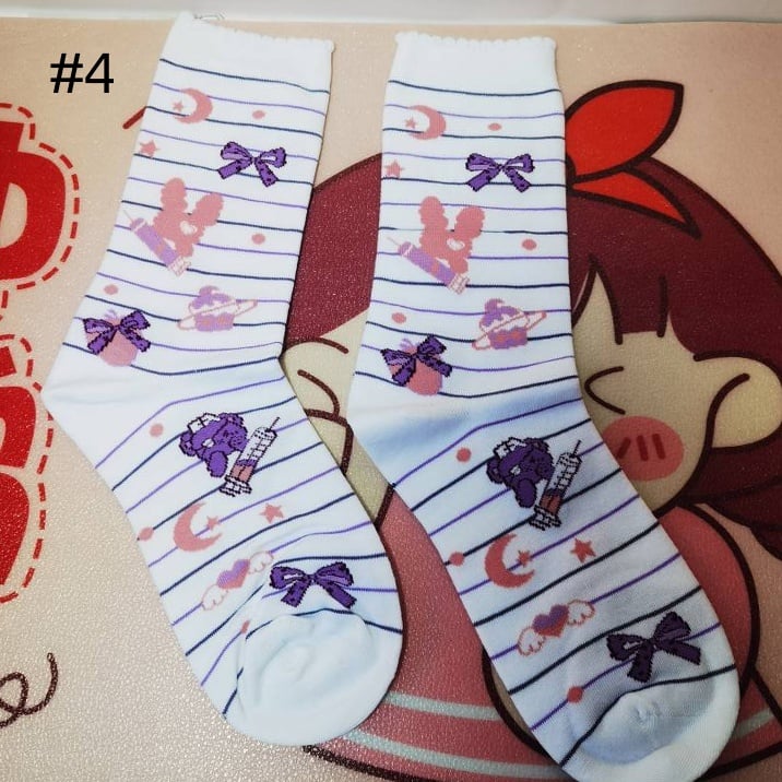 スイートロリータケーキストロベリー蝶結びプリントカーフソックス