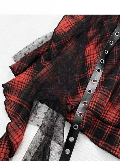 Rock Glamouröses Y2K Muster Rüschen Kaskadierung SchwarzRot Besatz Kariert