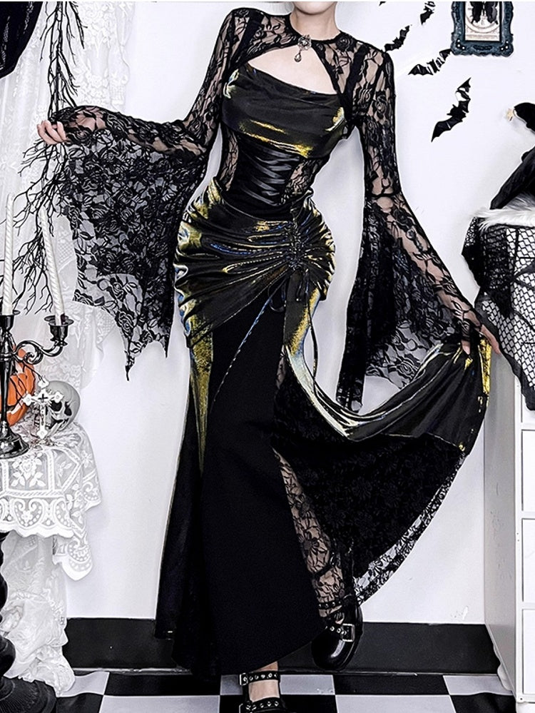Embroidery Sleeve Floral Halloween Gothic Gem Shrug Batwing Lace with Bell Centerpiece Black