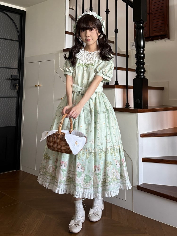 Green Cat Theme Floral Print Lolita Puff Sleeve Dress with Hairband - Dream Island Candy Casket