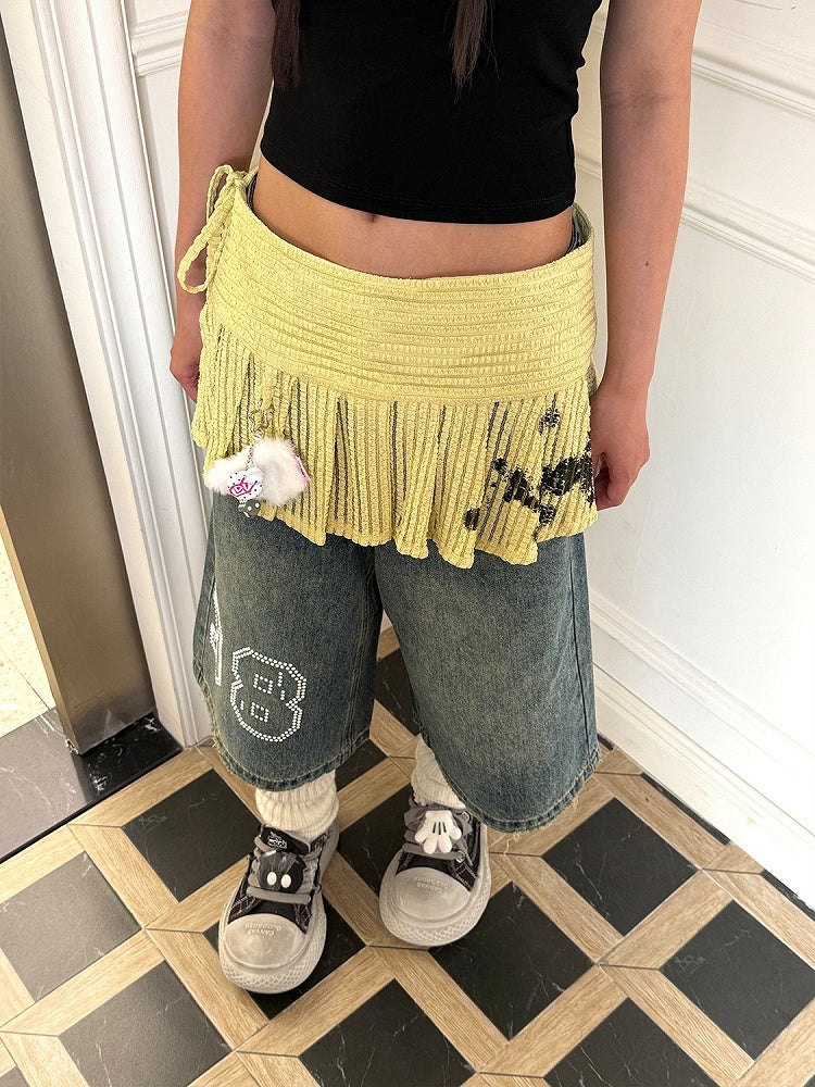 Black Skirt Low-waist Yellow Print with