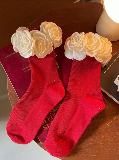 With Decoration Red Camellia White/Black Ankle Cuff Socks