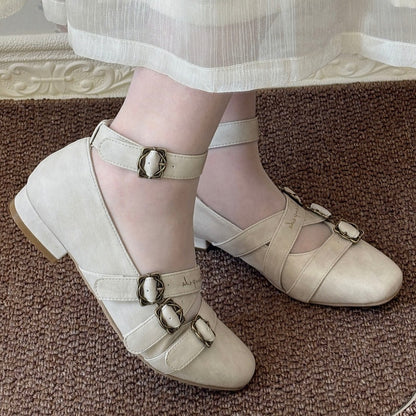 Shoes - Toe Crisscross Elegant Classic Design Square PU Beige Lolita
