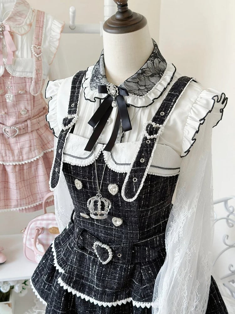 Black White - Kei Regular/Fleece-Lined Sleeve Flutter Jacquard Blouse Lace in Jirai Options