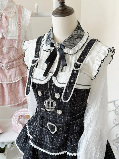 Black White - Kei Regular/Fleece-Lined Sleeve Flutter Jacquard Blouse Lace in Jirai Options