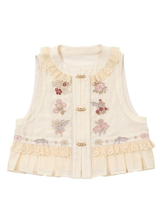 Cottagecore Beige Floral Embroidered Vest with Ruffle & Lace - Yimu Walnut