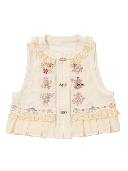 Cottagecore Beige Floral Embroidered Vest with Ruffle & Lace - Yimu Walnut