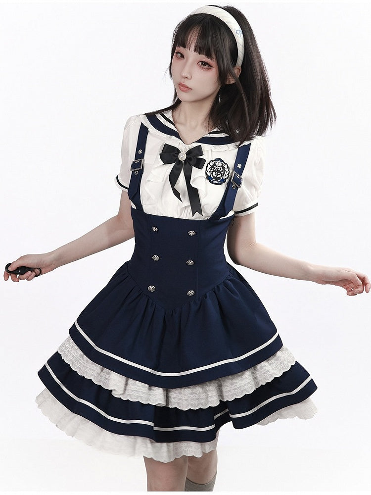 Navy Tiered Ruffle Overall Skirt with Lace Details - PINK SAVIOR