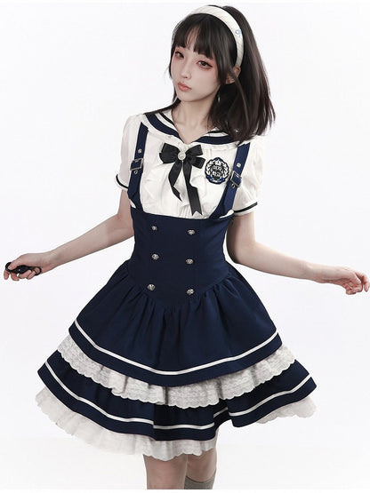 Navy Tiered Ruffle Overall Skirt with Lace Details - PINK SAVIOR