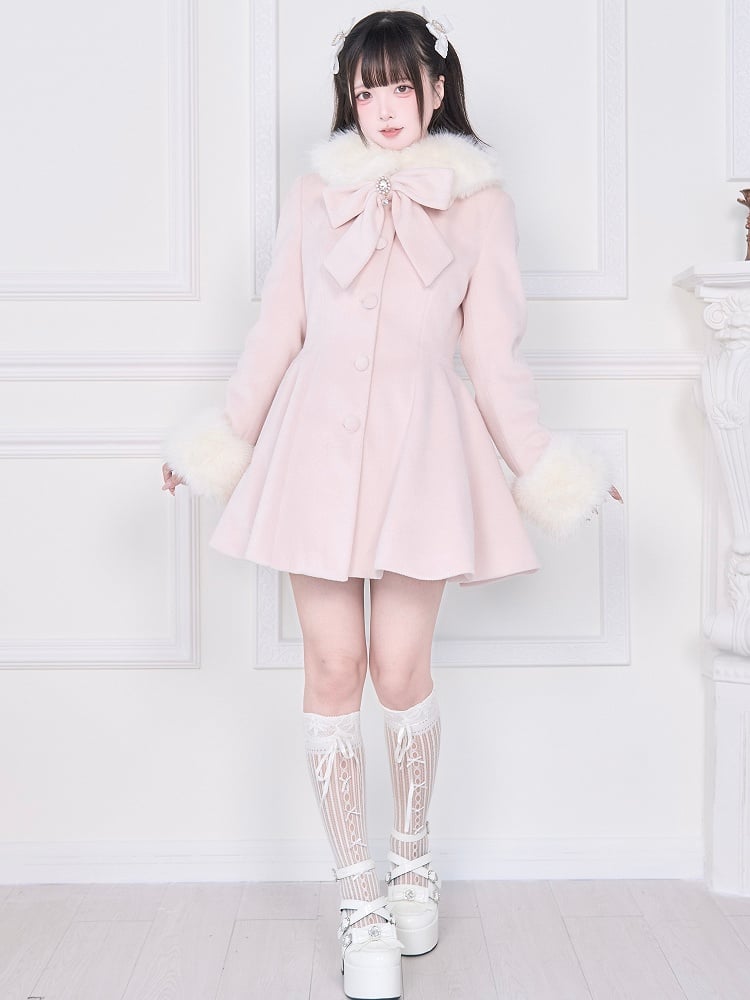 Cape Pink Jirai Kei with Plush Detachable Collar Coat Cuffs | Waist-Cinching