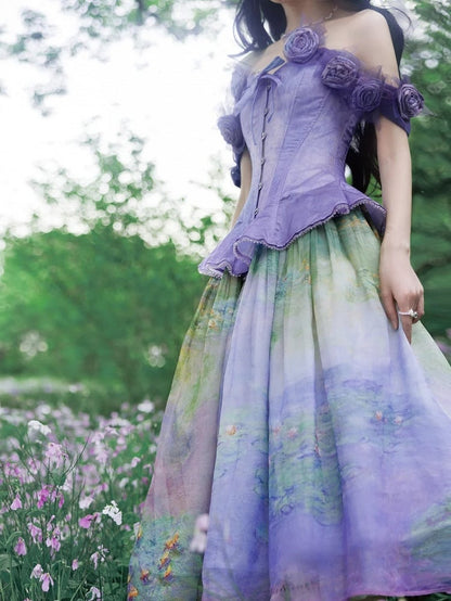 Korsett-Oberteil mit Stäbchen und abnehmbaren Blumenverzierungen, violetter Volantsaum