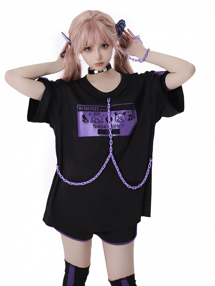 Purple with and Pixel Characters Print Chain Design Jirai Kei T-Shirt Ring Bracelet Finger Black