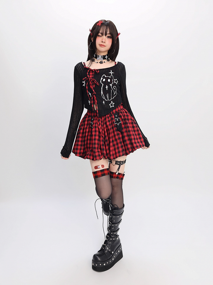 Plaid Bubble Skirt Y2K Gray / Red Star Buckles Black Black