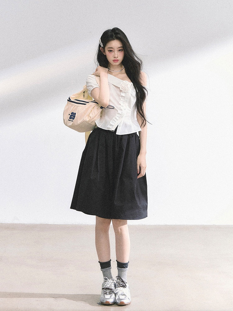 Floral White Trim Asymmetrical Foldover Collar Lace Short Sleeves Shirt Decoration