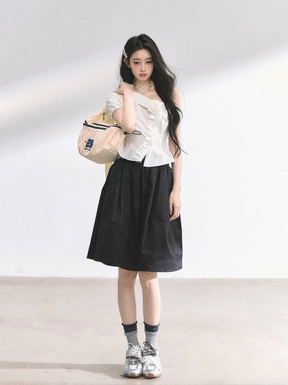 Floral White Trim Asymmetrical Foldover Collar Lace Short Sleeves Shirt Decoration