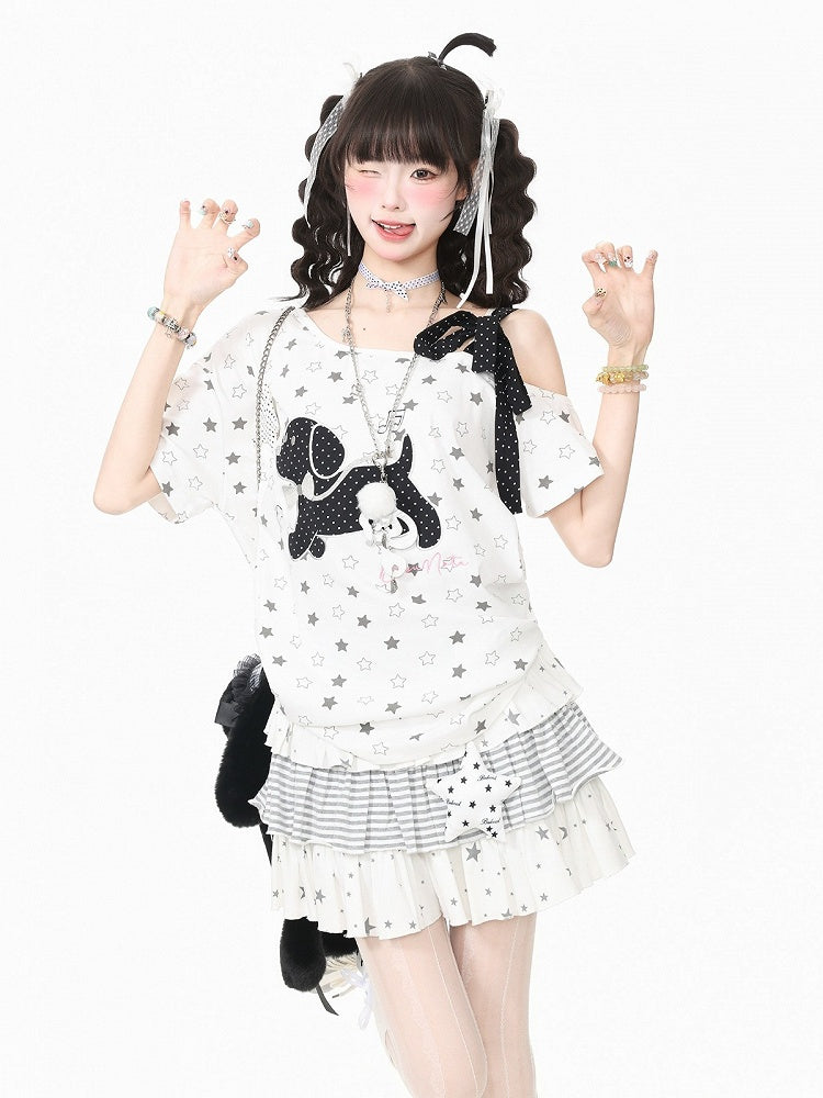 White Asymmetric Tee with Star Motif & Puppy Emblem - Languid Park