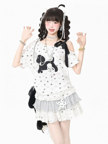 White Asymmetric Tee with Star Motif & Puppy Emblem - Languid Park