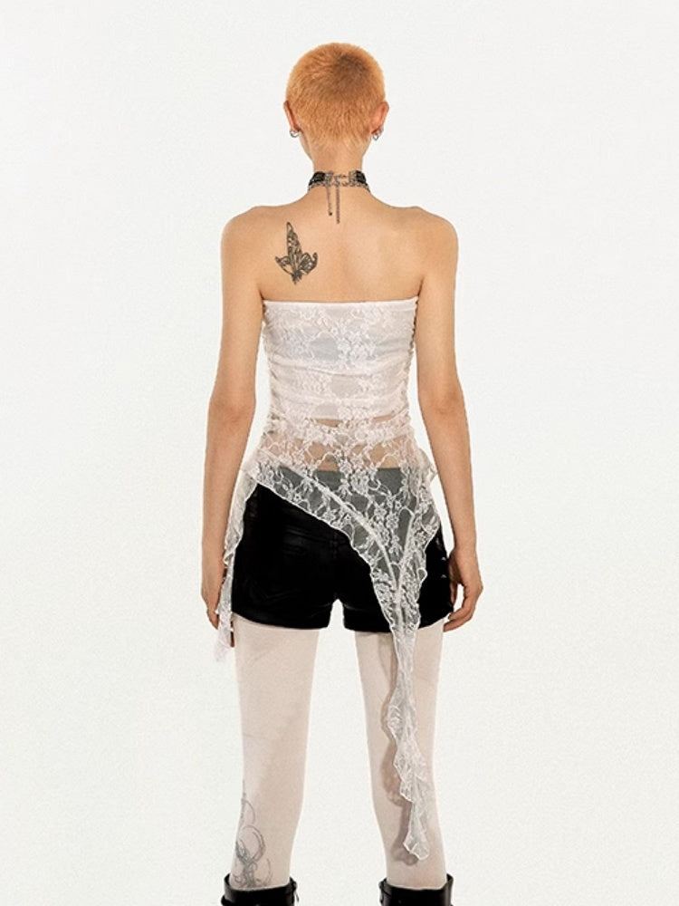 Sheer Tube White Lace Punk Y2K Top with Rhinestone Cross