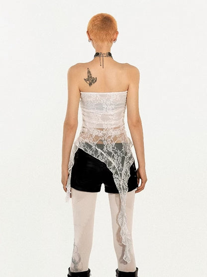 Sheer Tube White Lace Punk Y2K Top with Rhinestone Cross
