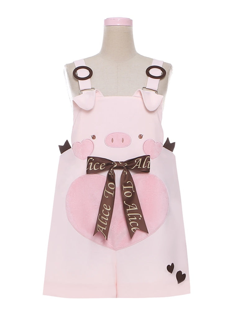 Adorable Piggy Pattern Bubble Shorts Overalls Pink