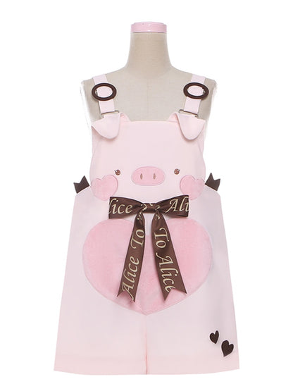 Adorable Piggy Pattern Bubble Shorts Overalls Pink