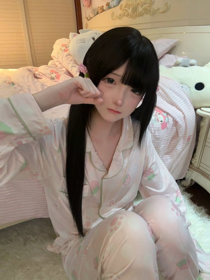 Set Strawberry Cat Light Pajama - Paw Print Pink