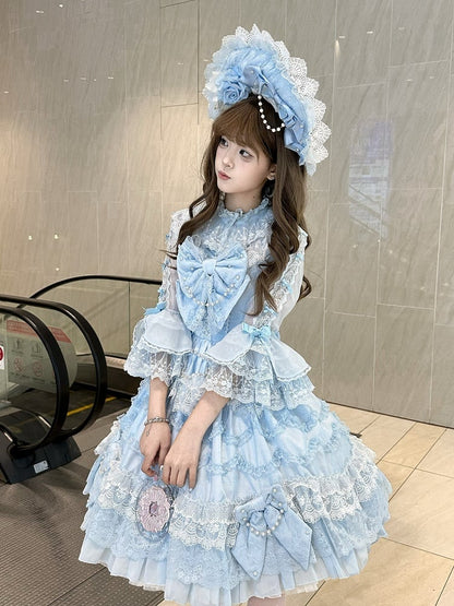 フリル付きロリータ 7分袖 リボン付きシャツ ネックライン ブルー Sサイズ