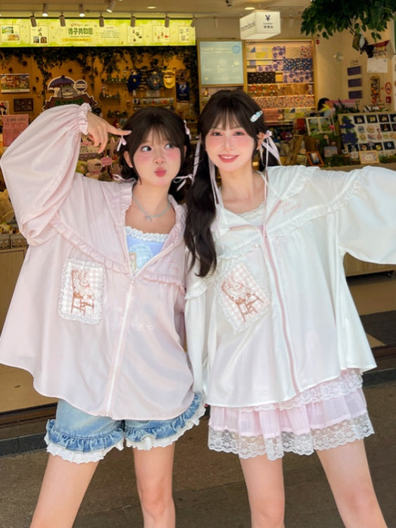 ウサギの耳のデザインフード刺繍アップリケホワイト/ピンクウサギ