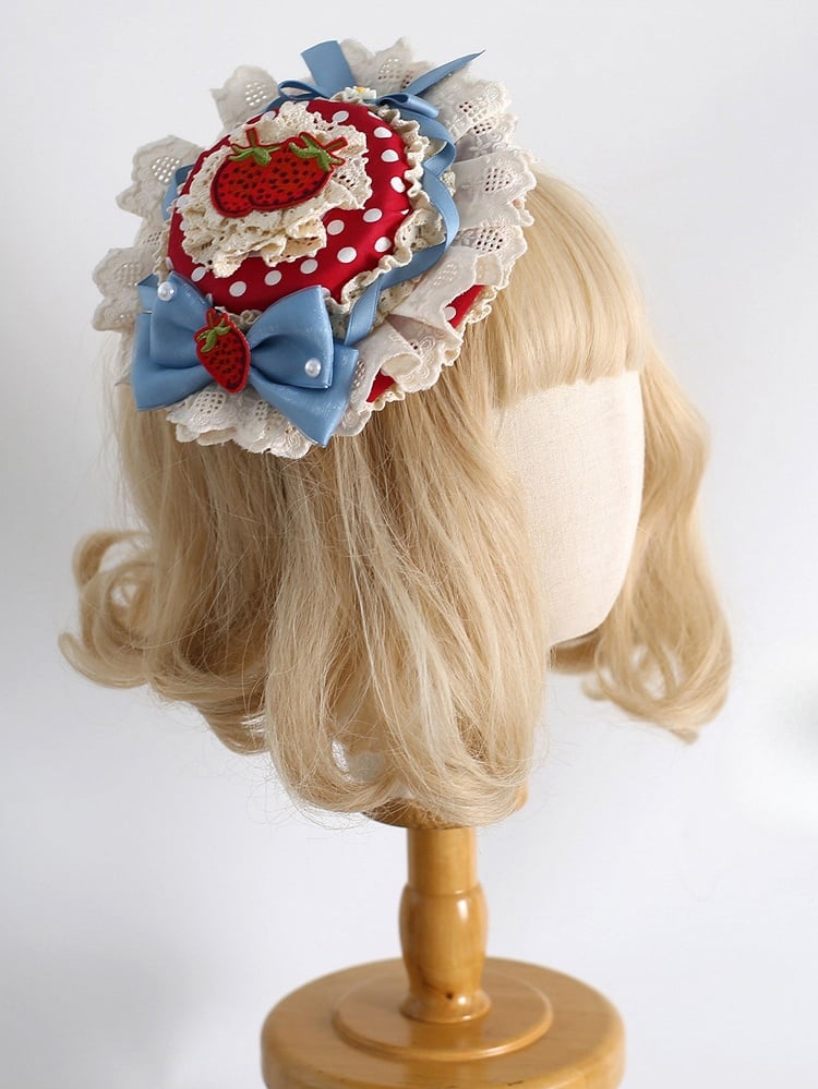 Details Mini Blue with Hat Red Strawberry Polka-dot Applique Bowknot Pattern