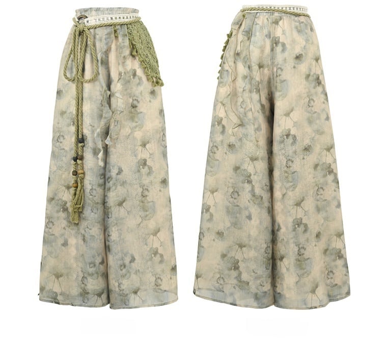 Accessory Dye Wide-Leg Pants Version Detachable with Regular/Short Knitted Mori Kei Green Tie