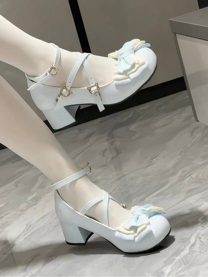 Sweet Blue - Mary Toe Lolita Round Top Kitty Mid-heel Buckle Janes Bow PU