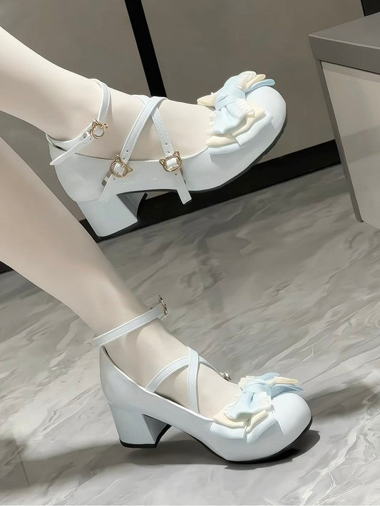 Sweet Blue - Mary Toe Lolita Round Top Kitty Mid-heel Buckle Janes Bow PU