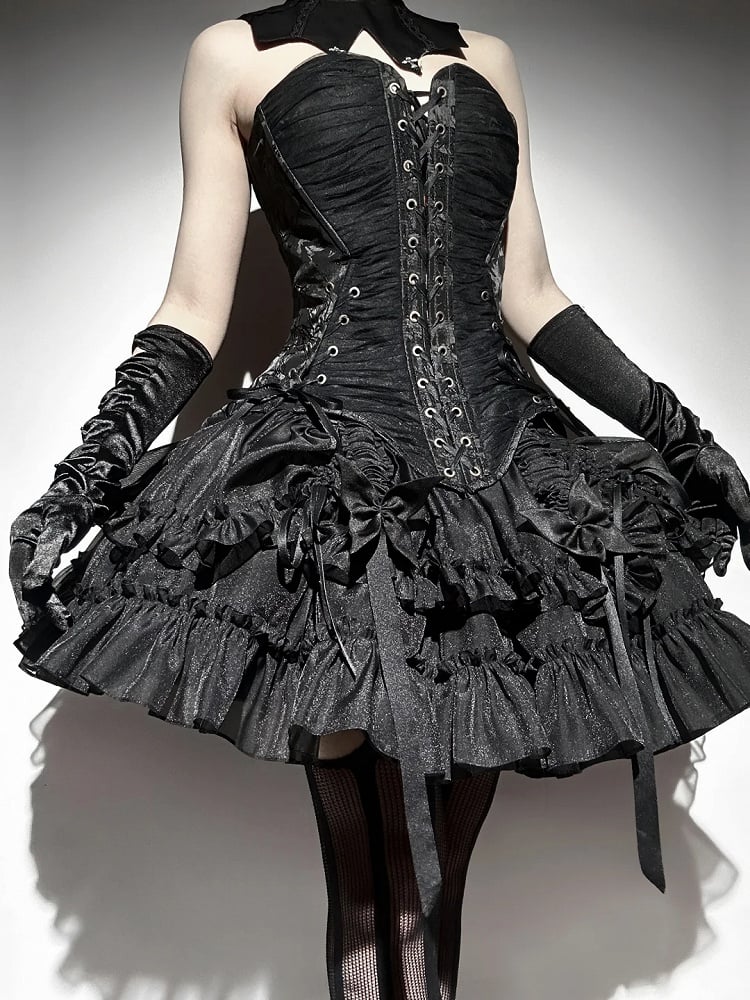 Lolita Drawstring Hem Skirt Gothic Black Kuro Ruffle