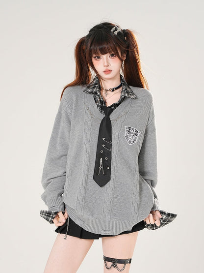 with Sleeve Sweater Knit Plaid Gray/Navy Faux Two-Piece Blue Crest Embroidered Preppy Long