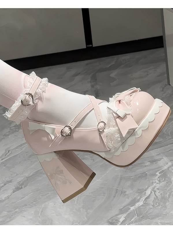 Lolita Platform Sweet Crisscross Heels Design Block High - Pink