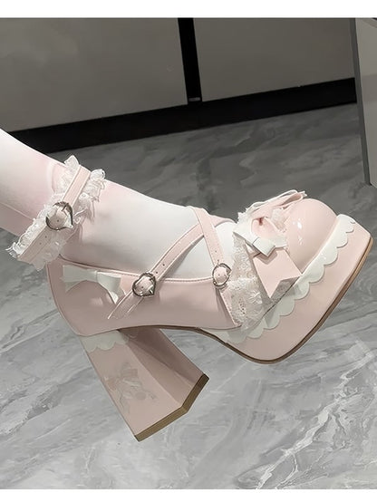Lolita Platform Sweet Crisscross Heels Design Block High - Pink
