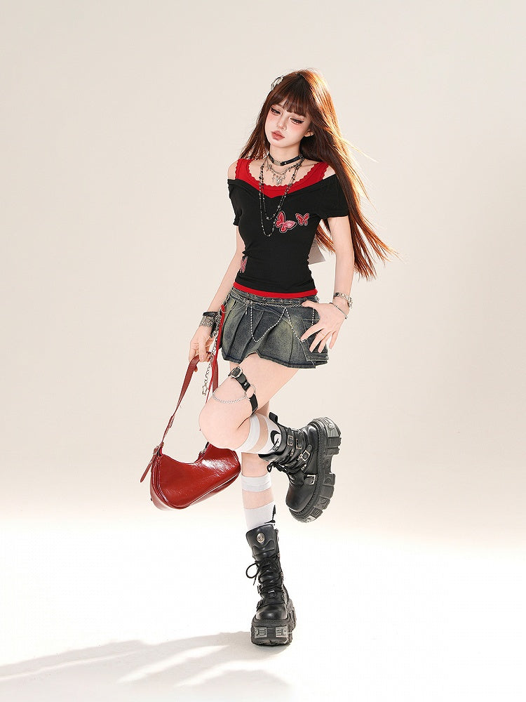 ブルー/レッドのバタフライアップリケフェイクツーピースTシャツ