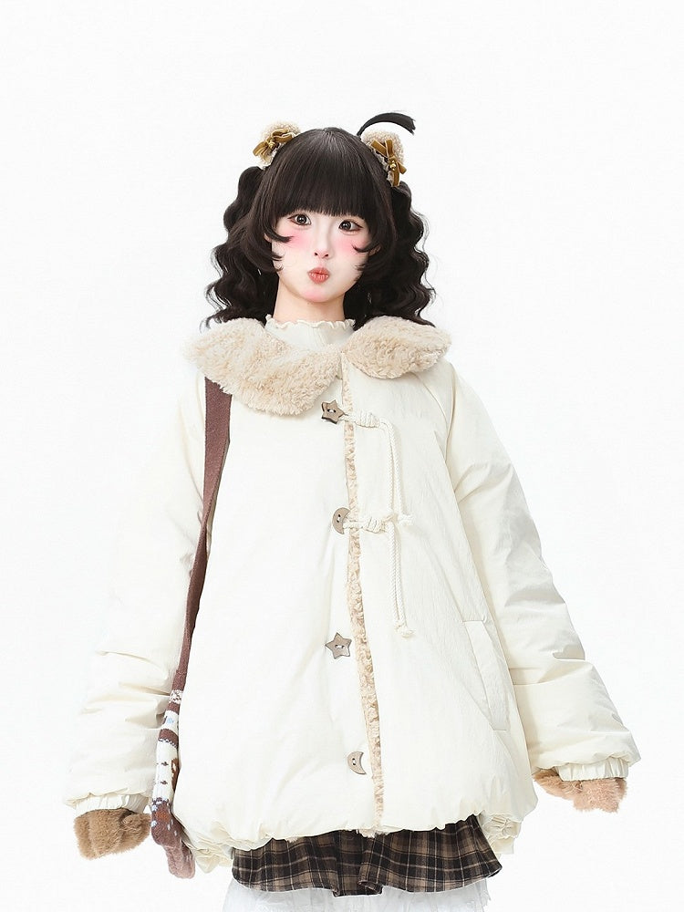 Kawaii Coat Plush and Beige Collar - Buttons Down Star Decorative Moon