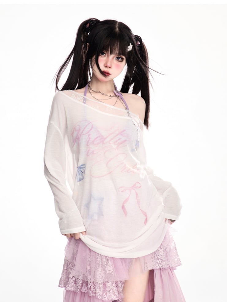 Design Waist Semi-Sheer Coverup White Asymmetrical Neckline Bowknot