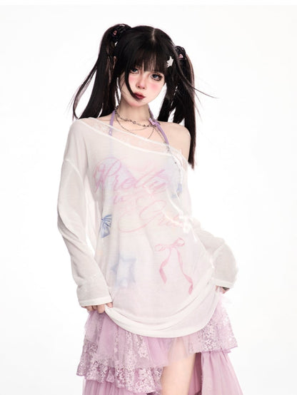 Design Waist Semi-Sheer Coverup White Asymmetrical Neckline Bowknot