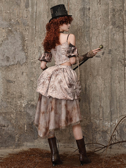 High-Low-Rock aus Jacquard mit Batikmuster und Rüschenbesatz