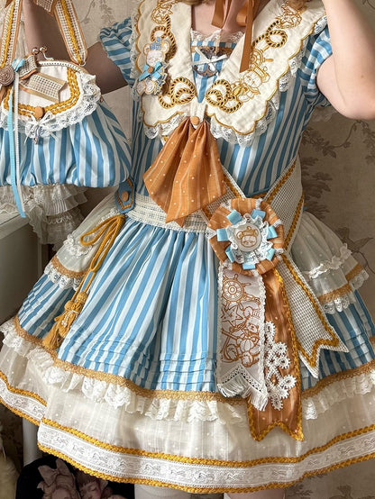 Striped Low Waist Sailor Lolita Dress with Embroidered Collar - Twin Bear Original Design
