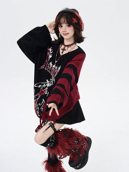 in V-Neck Sweater with Colorblock / Hem Detail and Blue Lace-Up Black Red Distressed