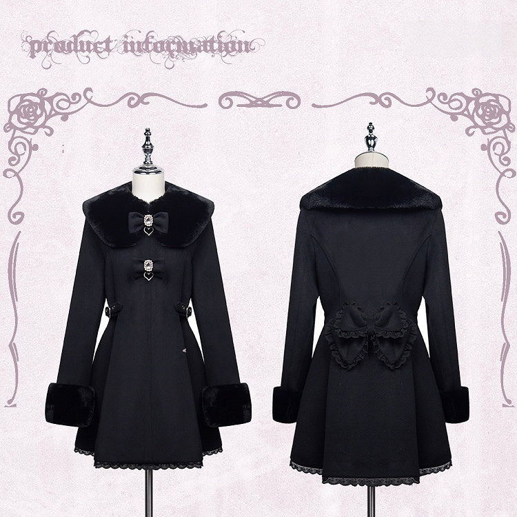 Lace and Rhinestone with Cuffs Coat Collar Fuzzy Kei Accent Bow Black Jirai Trim