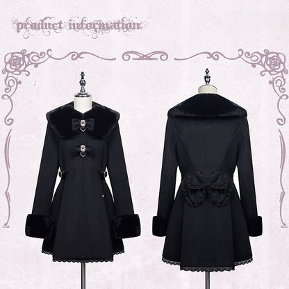 Lace and Rhinestone with Cuffs Coat Collar Fuzzy Kei Accent Bow Black Jirai Trim