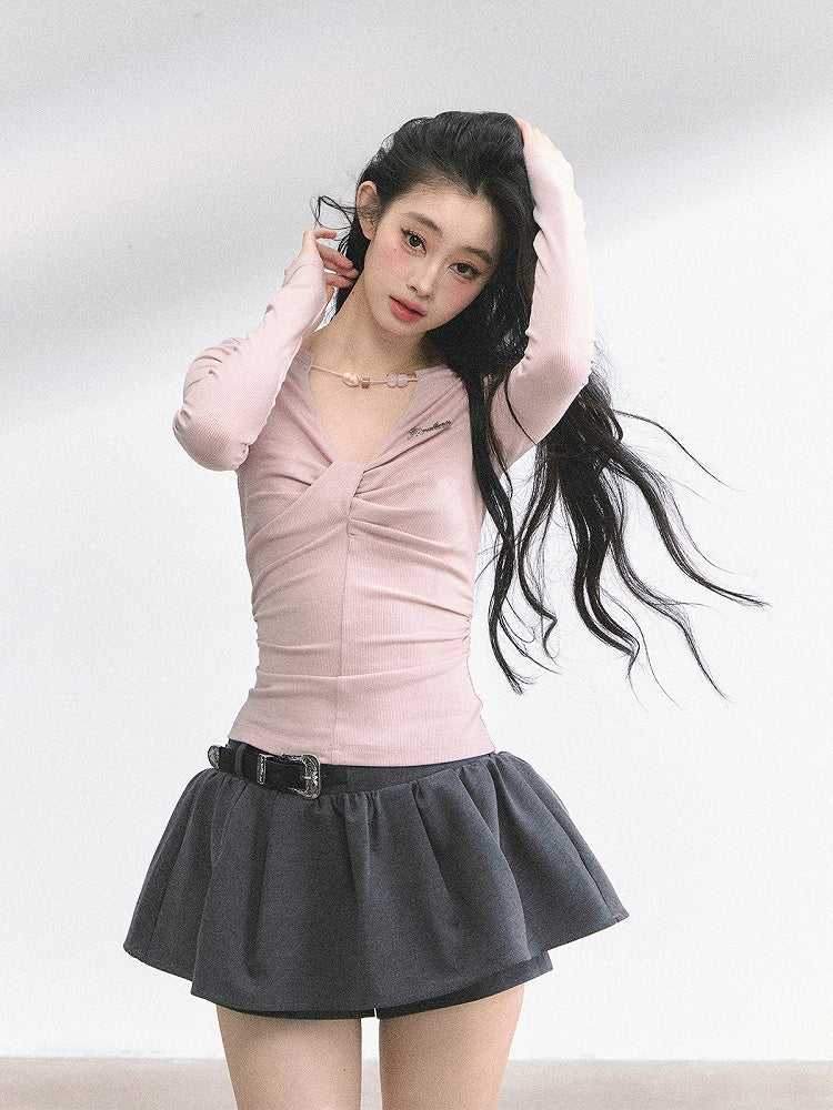 Details Neckline Ruched Light Pink Bead Design Top